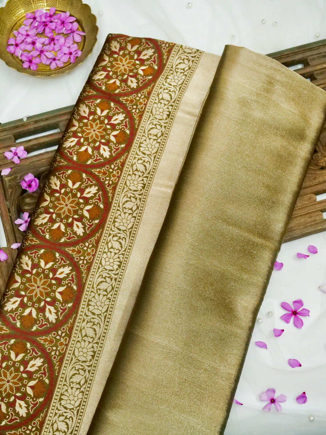 Banarasi Katan Silk Tissue Tilfi Skirt Handloom Saree | Antique Gold - Khinkhwab