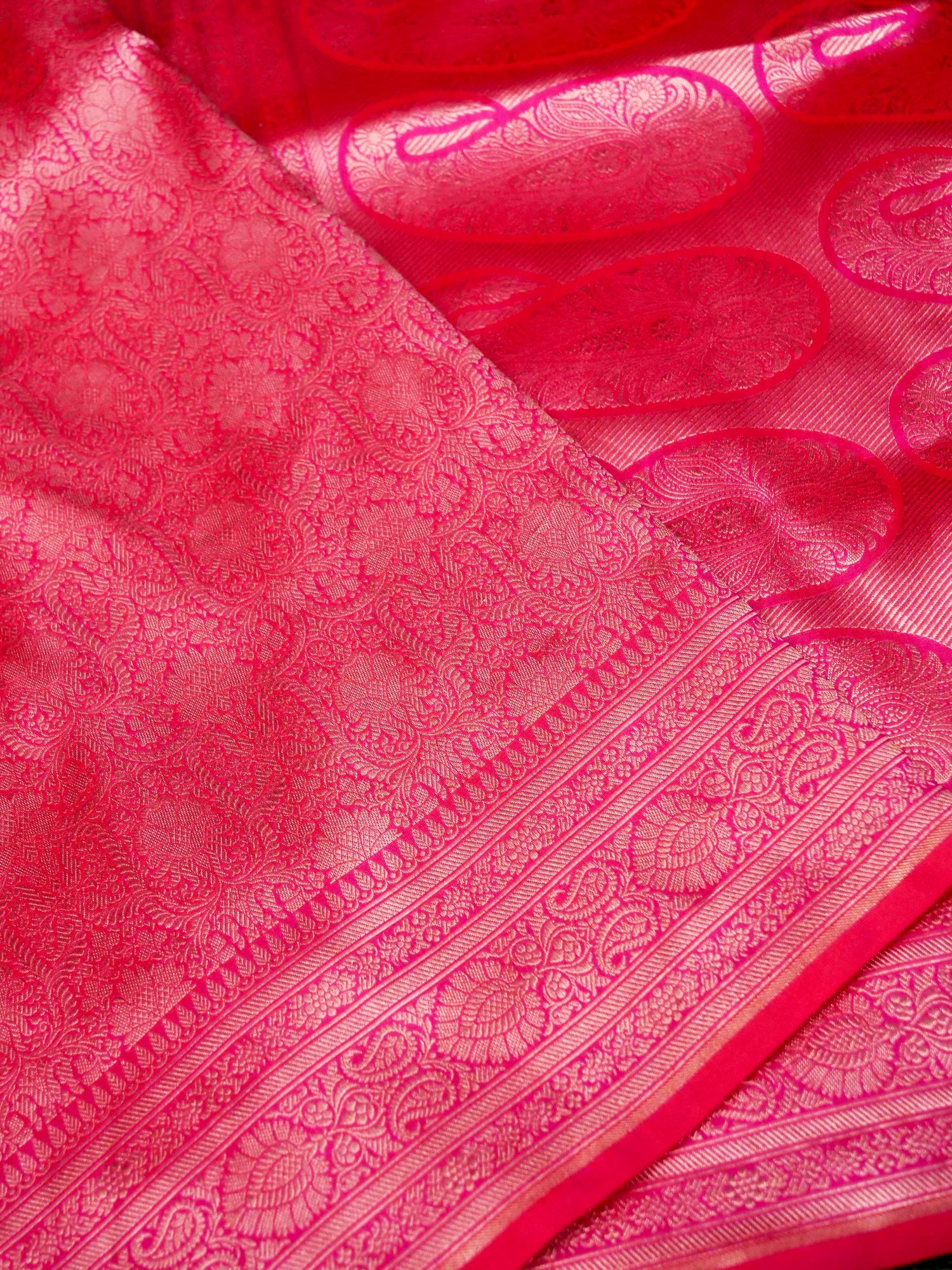 Banarasi Katan Silk Zari Tanchoi Kairi Handwoven Saree in Rani Pink