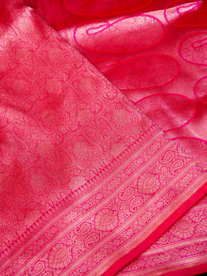 Banarasi Katan Silk Zari Tanchoi Kairi Handwoven Saree in Rani Pink