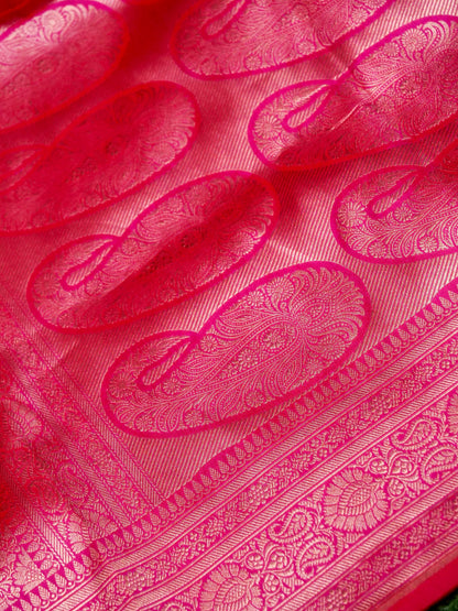 Banarasi Katan Silk Zari Tanchoi Kairi Handwoven Saree in Rani Pink