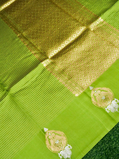 Banarasi Katan Silk Kadwa Striped Handwoven Saree in Parrot Green - Khinkhwab