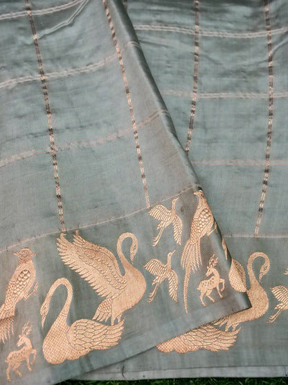 Banarasi Katan Silk Kadwa Bird Motif Handwoven Saree in Grey Blue - Khinkhwab