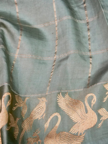 Banarasi Katan Silk Kadwa Bird Motif Handwoven Saree in Grey Blue - Khinkhwab