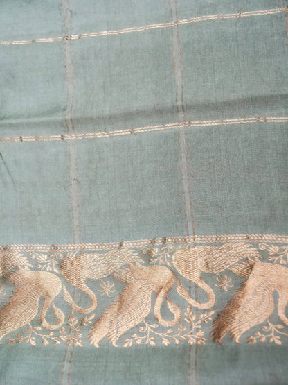 Banarasi Katan Silk Kadwa Bird Motif Handwoven Saree in Grey Blue - Khinkhwab