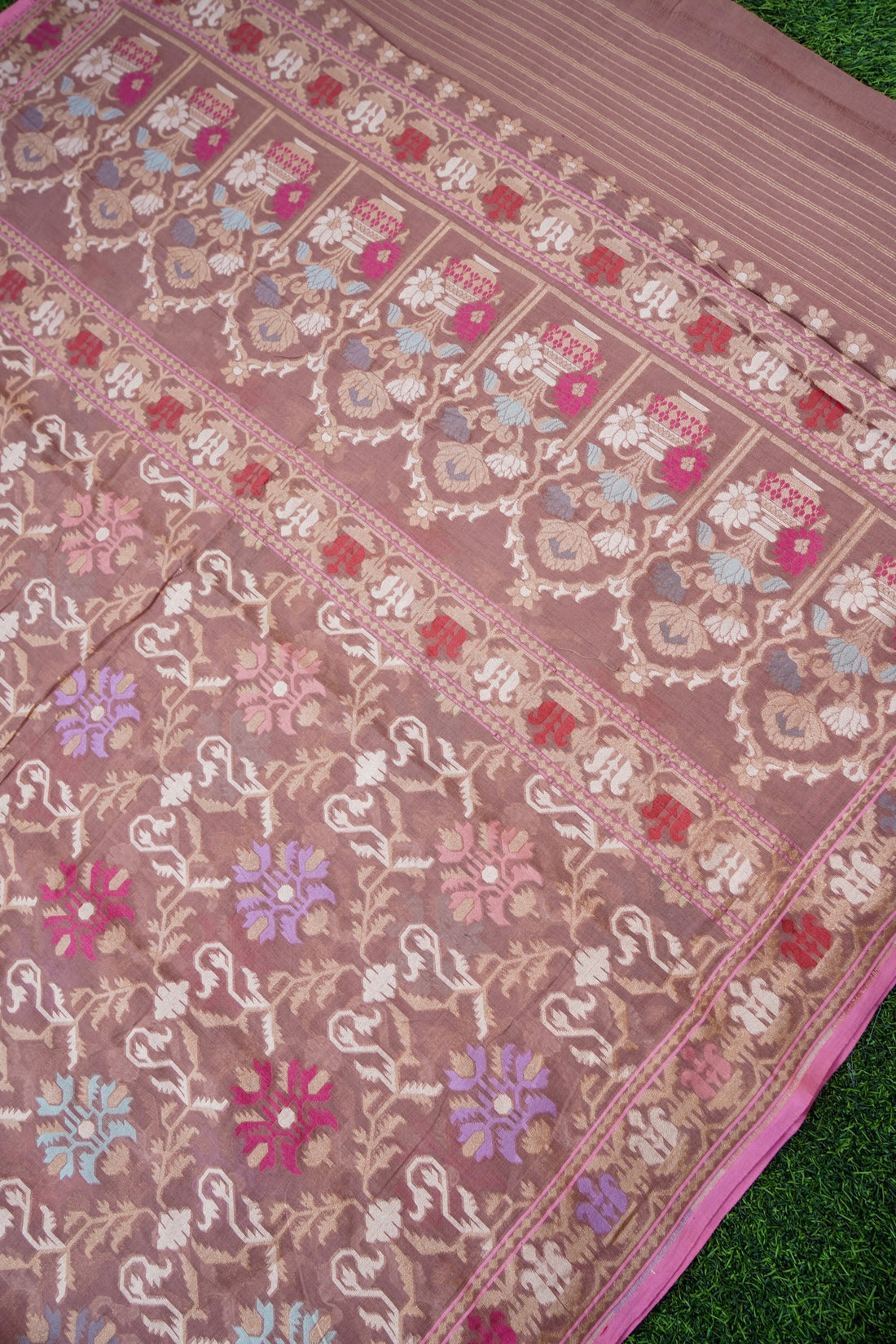 Banarasi Cotton Handloom Jamdani Ektara Saree | Mauve - Khinkhwab