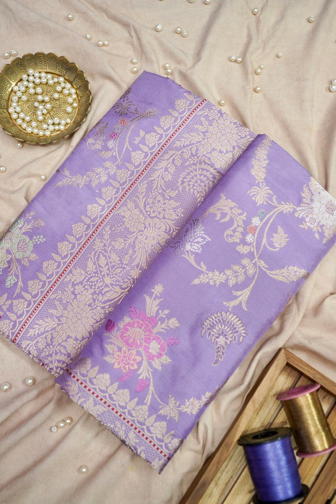 Banarasi Katan Silk Kadwa Jangla Handwoven Saree in Lilac Purple - Khinkhwab