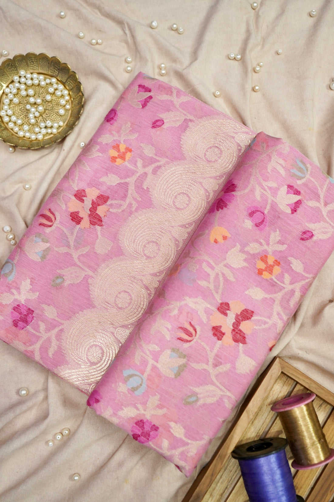 Banarasi Kora Silk Ektara Kadwa Meenakari Handwoven Saree in Rose Pink - Khinkhwab
