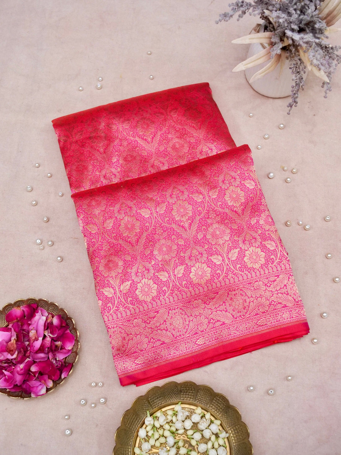 Banarasi Katan Silk Zari Tanchoi Kairi Handwoven Saree in Rani Pink