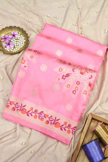Banarasi Katan Silk Ektara Meenakari Handwoven Saree in Rose Pink - Khinkhwab