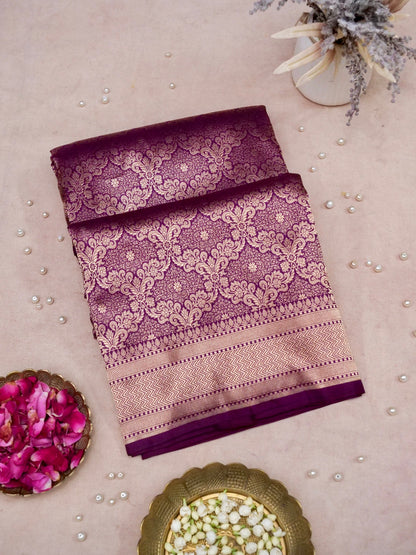 Banarasi Katan Silk Zari Tanchoi Handwoven Saree in Wine Purple