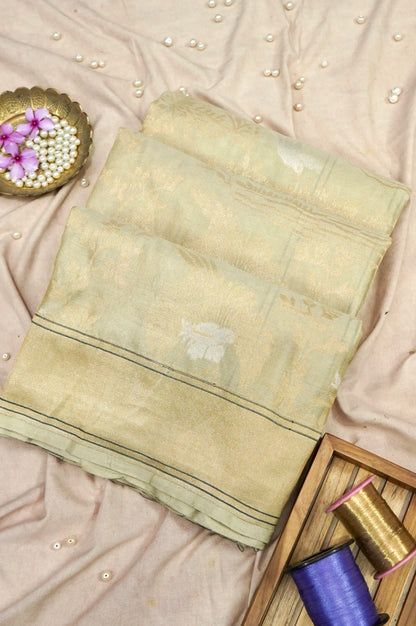 Banarasi Katan Tissue Handwoven Saree in Sage Green | Bulbul - Khinkhwab