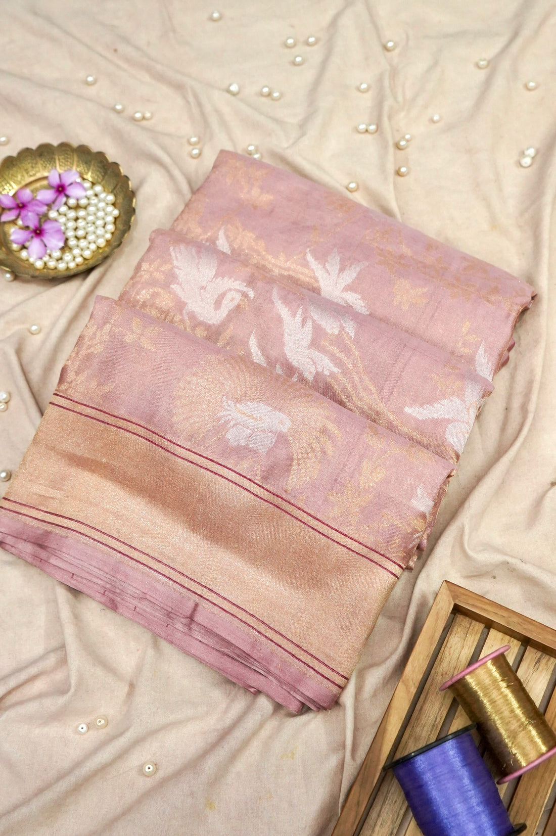 Banarasi Katan Tissue Handwoven Saree in Dusty Rose | Bulbul - Khinkhwab