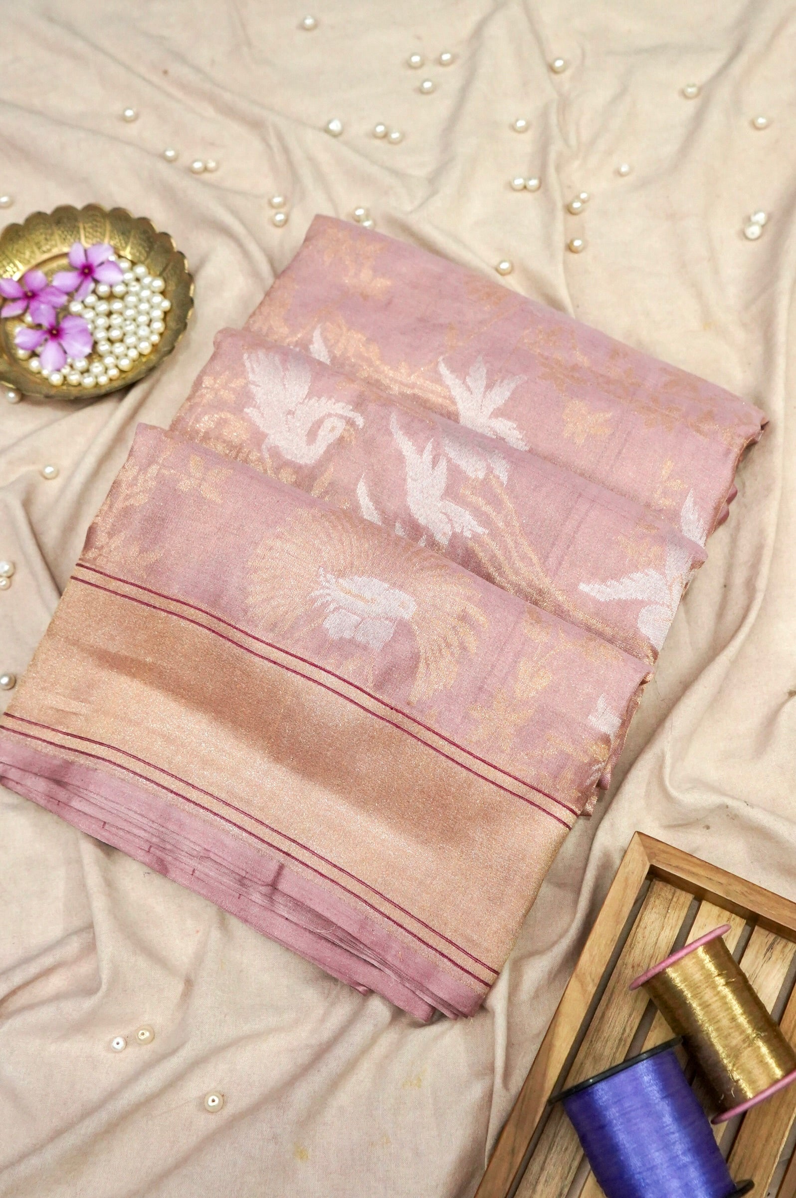 Banarasi Katan Tissue Handwoven Saree in Dusty Rose | Bulbul - Khinkhwab