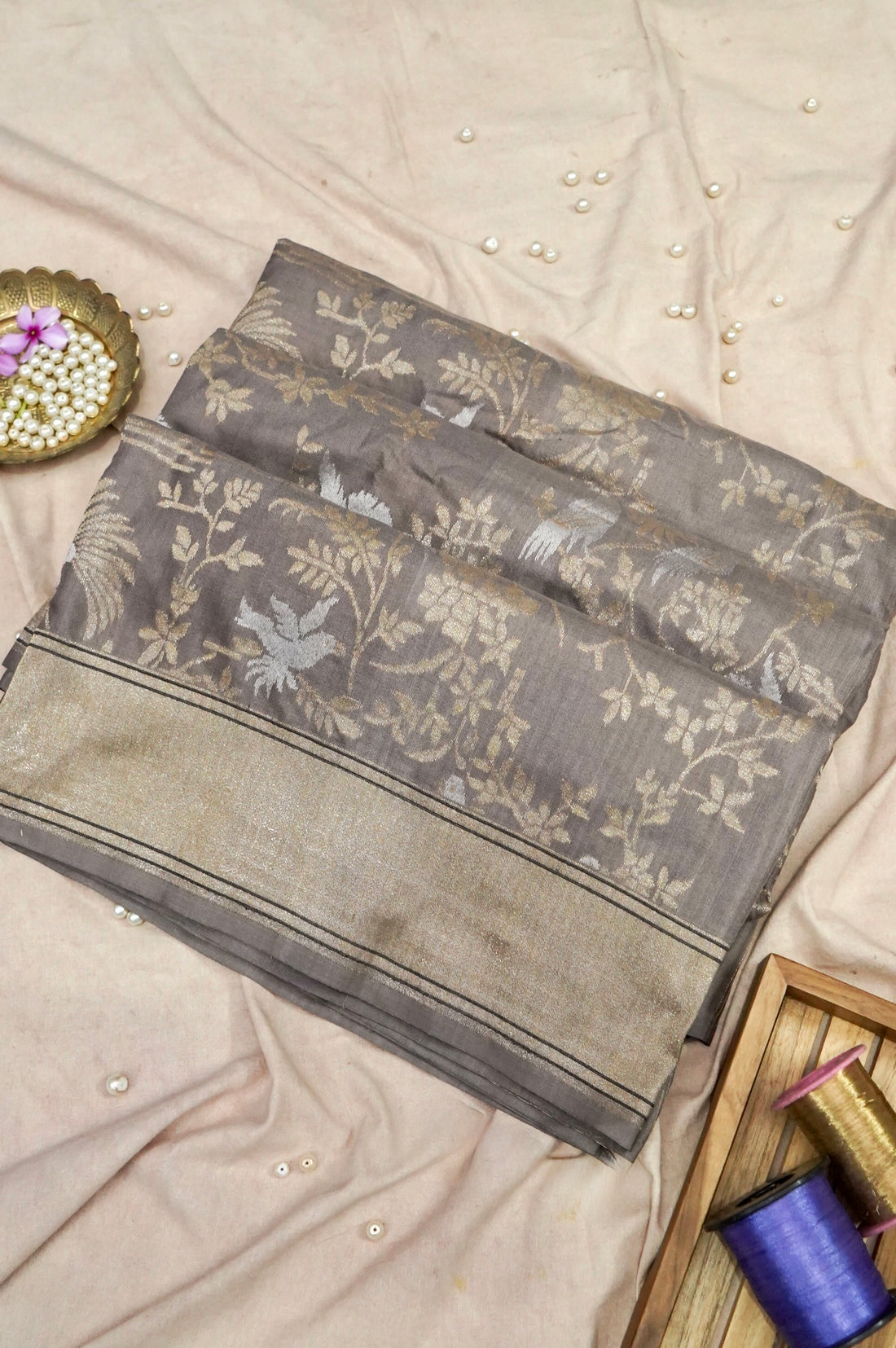 Banarasi Katan Silk Handwoven Saree in Mushroom Grey | Bulbul - Khinkhwab
