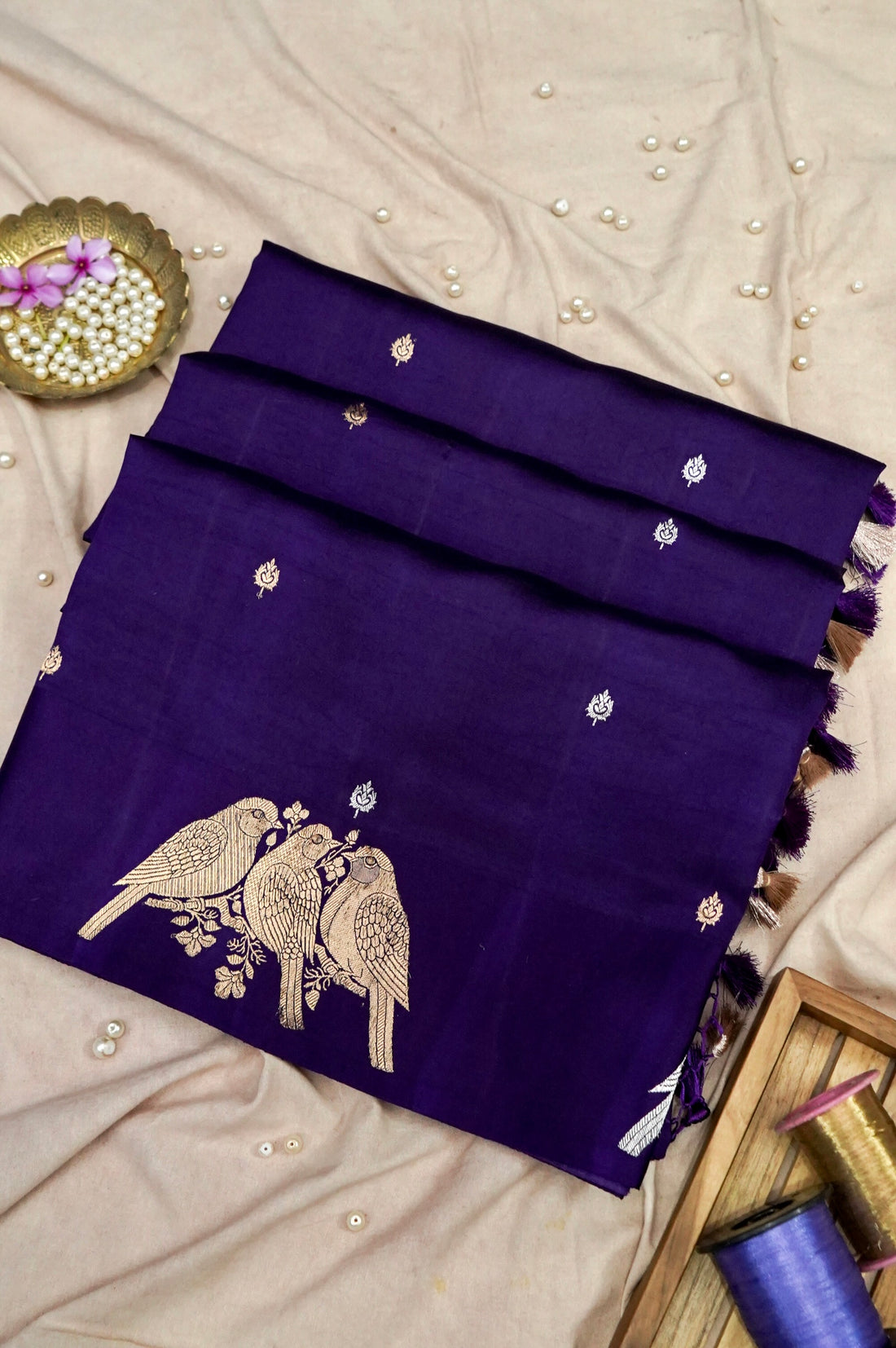 Banarasi Katan Silk Kadwa Bird Motif Handwoven Saree in Royal Purple - Khinkhwab