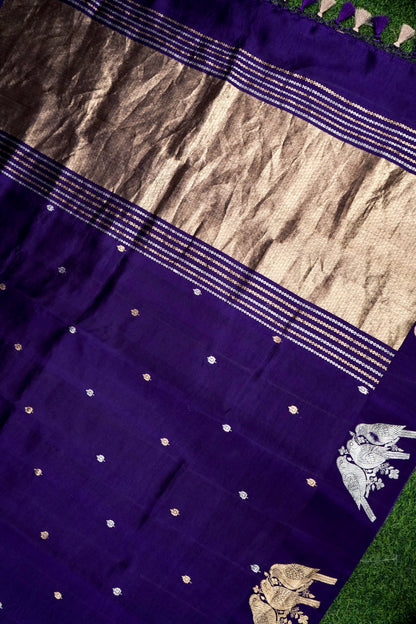 Banarasi Katan Silk Kadwa Bird Motif Handwoven Saree in Royal Purple - Khinkhwab