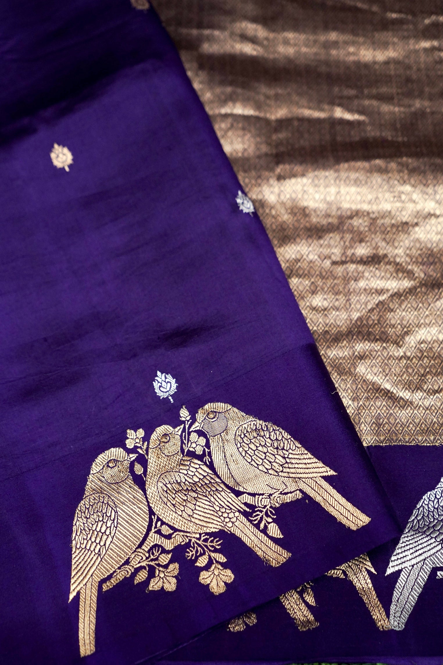 Banarasi Katan Silk Kadwa Bird Motif Handwoven Saree in Royal Purple - Khinkhwab