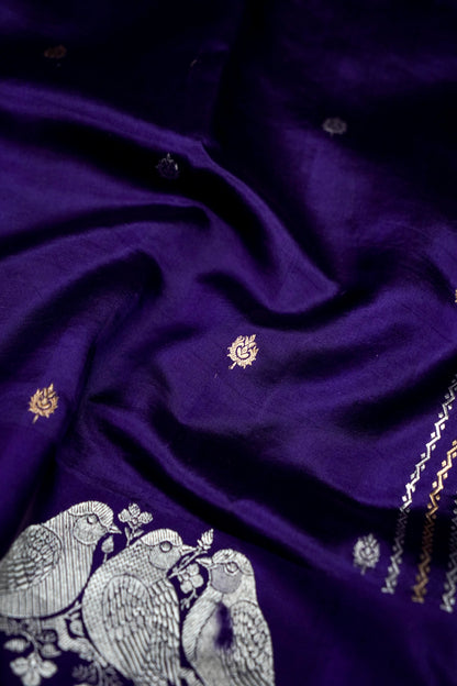 Banarasi Katan Silk Kadwa Bird Motif Handwoven Saree in Royal Purple - Khinkhwab