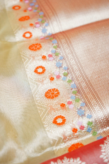 Banarasi Kora Tissue Kadwa Silk Border Handloom Saree | Ivory