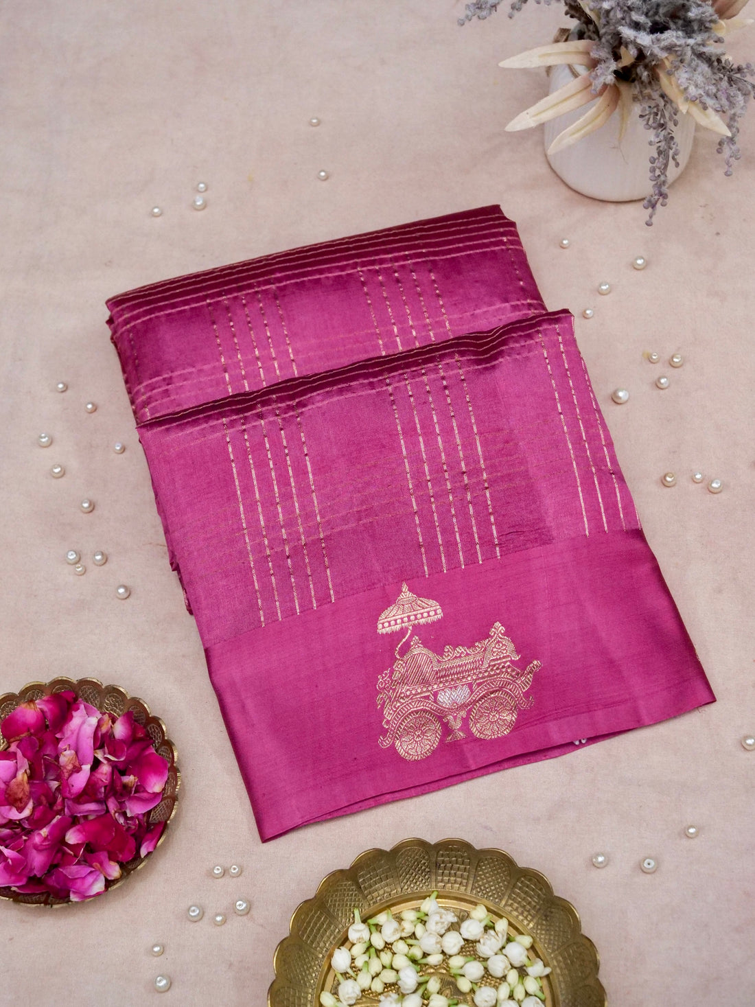 Banarasi Katan Silk Kadwa Rath Border Handwoven Saree in Mauve Pink - Khinkhwab