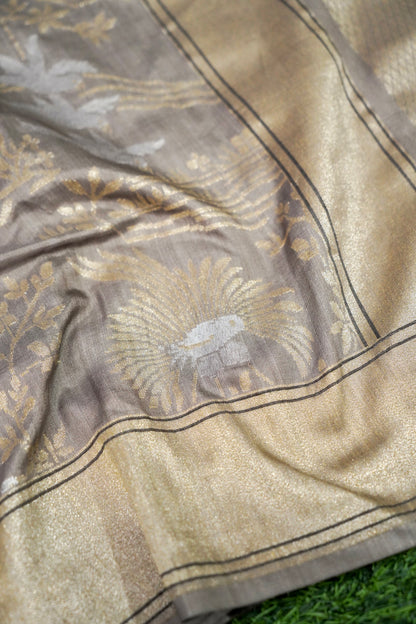 Banarasi Katan Silk Handwoven Saree in Mushroom Grey | Bulbul - Khinkhwab