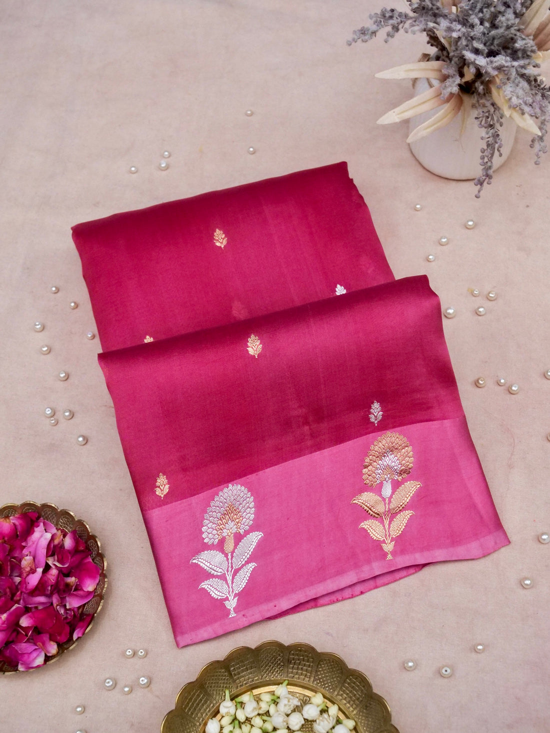 Banarasi Katan Silk Kadwa Marigold Handwoven Saree in Rani Pink - Khinkhwab