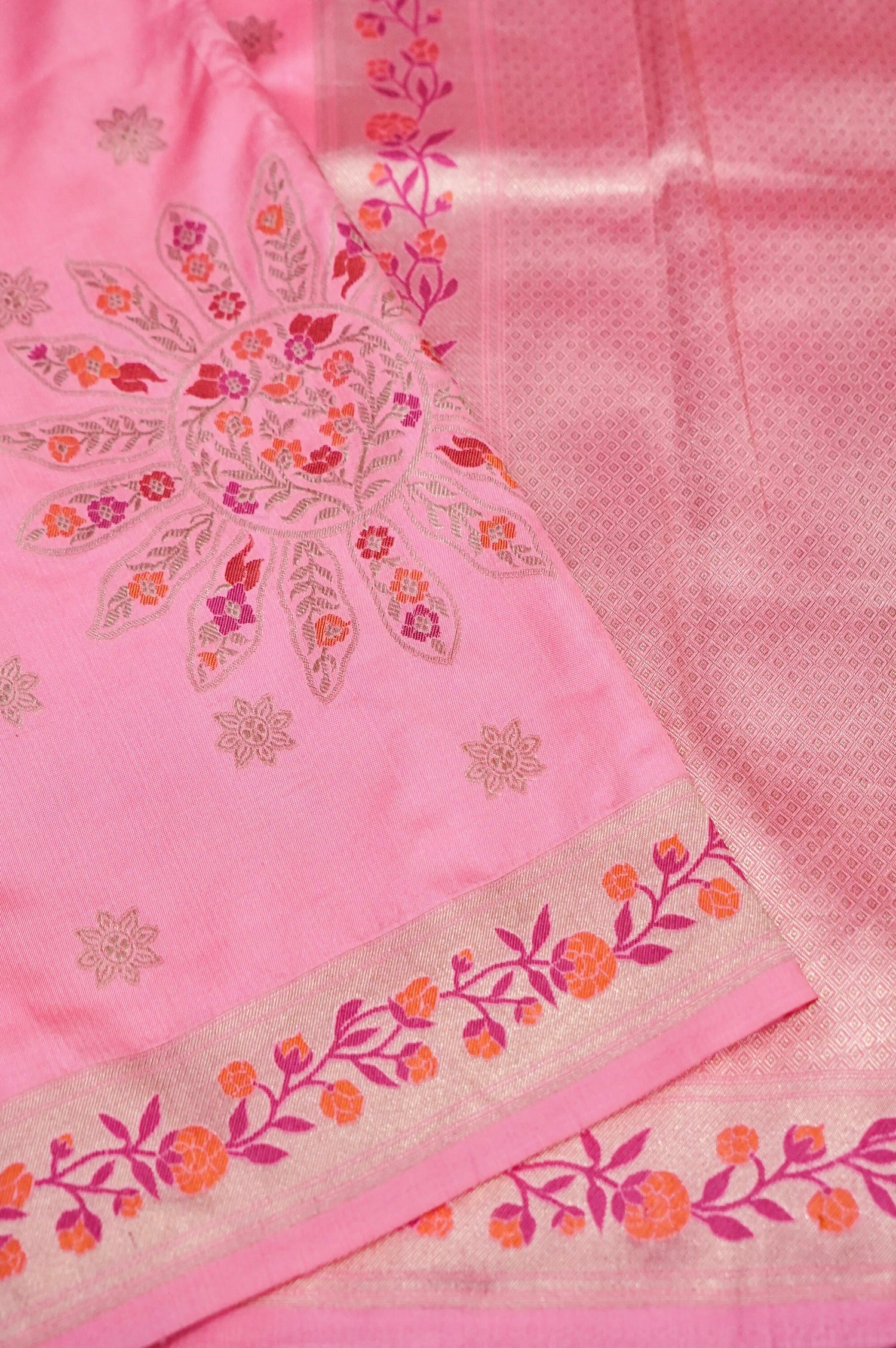 Banarasi Katan Silk Ektara Meenakari Handwoven Saree in Rose Pink - Khinkhwab