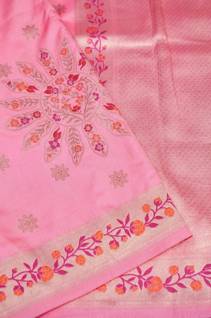 Banarasi Katan Silk Ektara Meenakari Handwoven Saree in Rose Pink - Khinkhwab