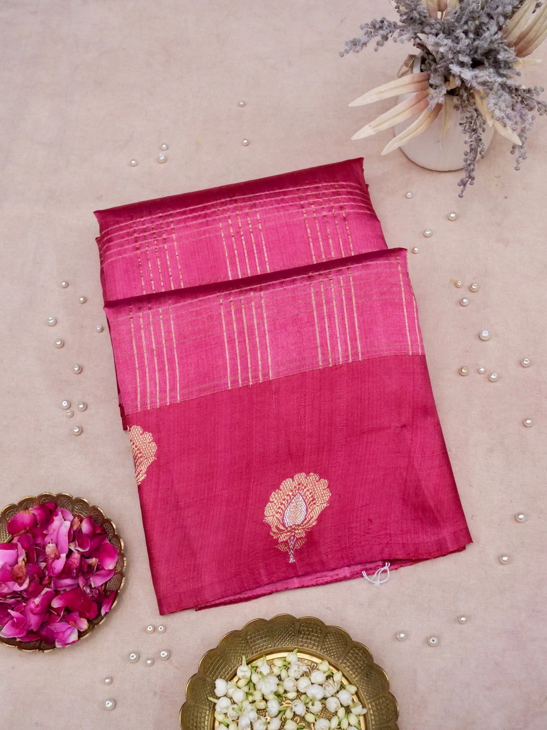 Banarasi Katan Silk Kadwa Striped Handwoven Saree in Rose Pink - Khinkhwab