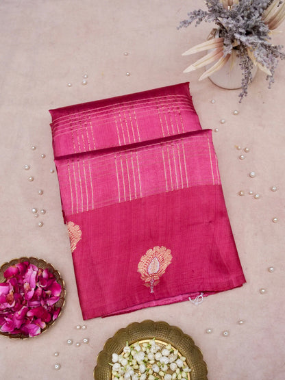 Banarasi Katan Silk Kadwa Striped Handwoven Saree in Rose Pink - Khinkhwab