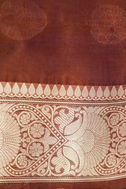 Banarasi Kora Silk Kadwa Kadiyal Handwoven Saree in Coffee Brown - Khinkhwab