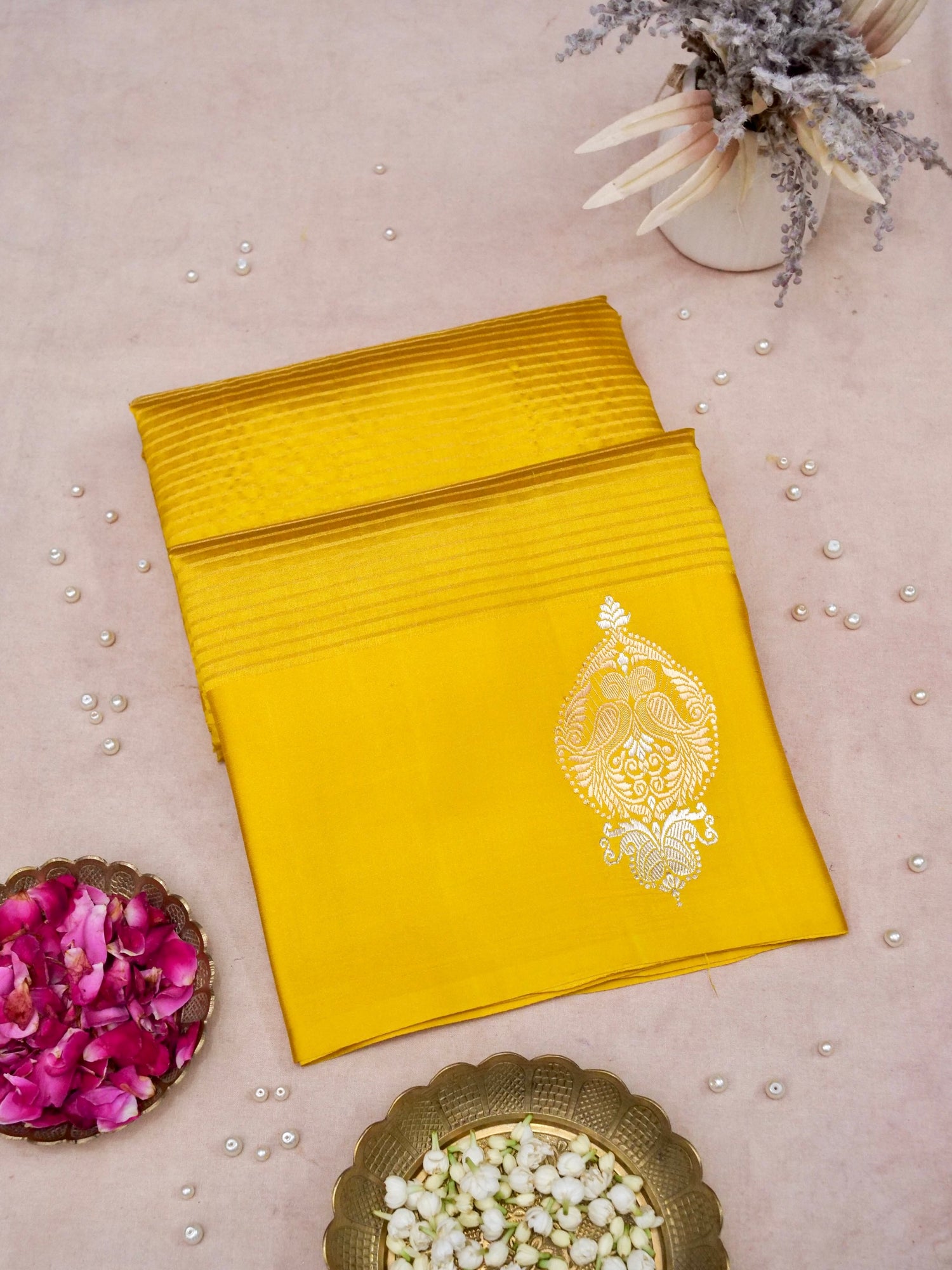 Banarasi Katan Silk Kadwa Striped Handwoven Saree in Marigold Yellow - Khinkhwab
