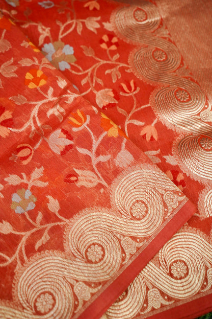 Banarasi Kora Silk Ektara Kadwa Meenakari Handwoven Saree in Rust Orange - Khinkhwab