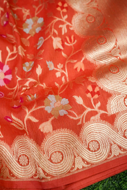 Banarasi Kora Silk Ektara Kadwa Meenakari Handwoven Saree in Rust Orange - Khinkhwab