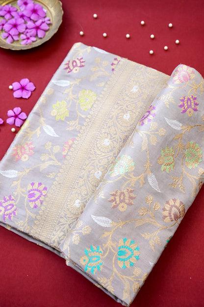 Banarasi Katan Silk Kadwa Jangla Handloom Saree in Lavendar Grey - Khinkhwab