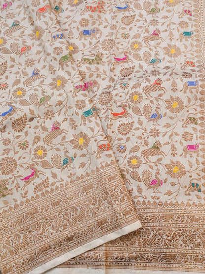 Handloom Banarasi Katan Silk Kadwa Shikargah Dupatta with Antique Zari