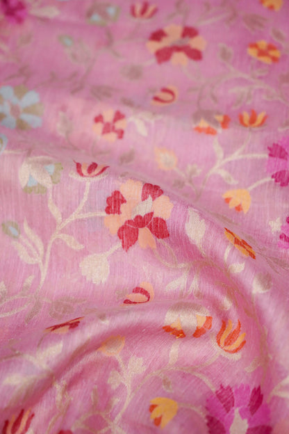 Banarasi Kora Silk Ektara Kadwa Meenakari Handwoven Saree in Rose Pink - Khinkhwab