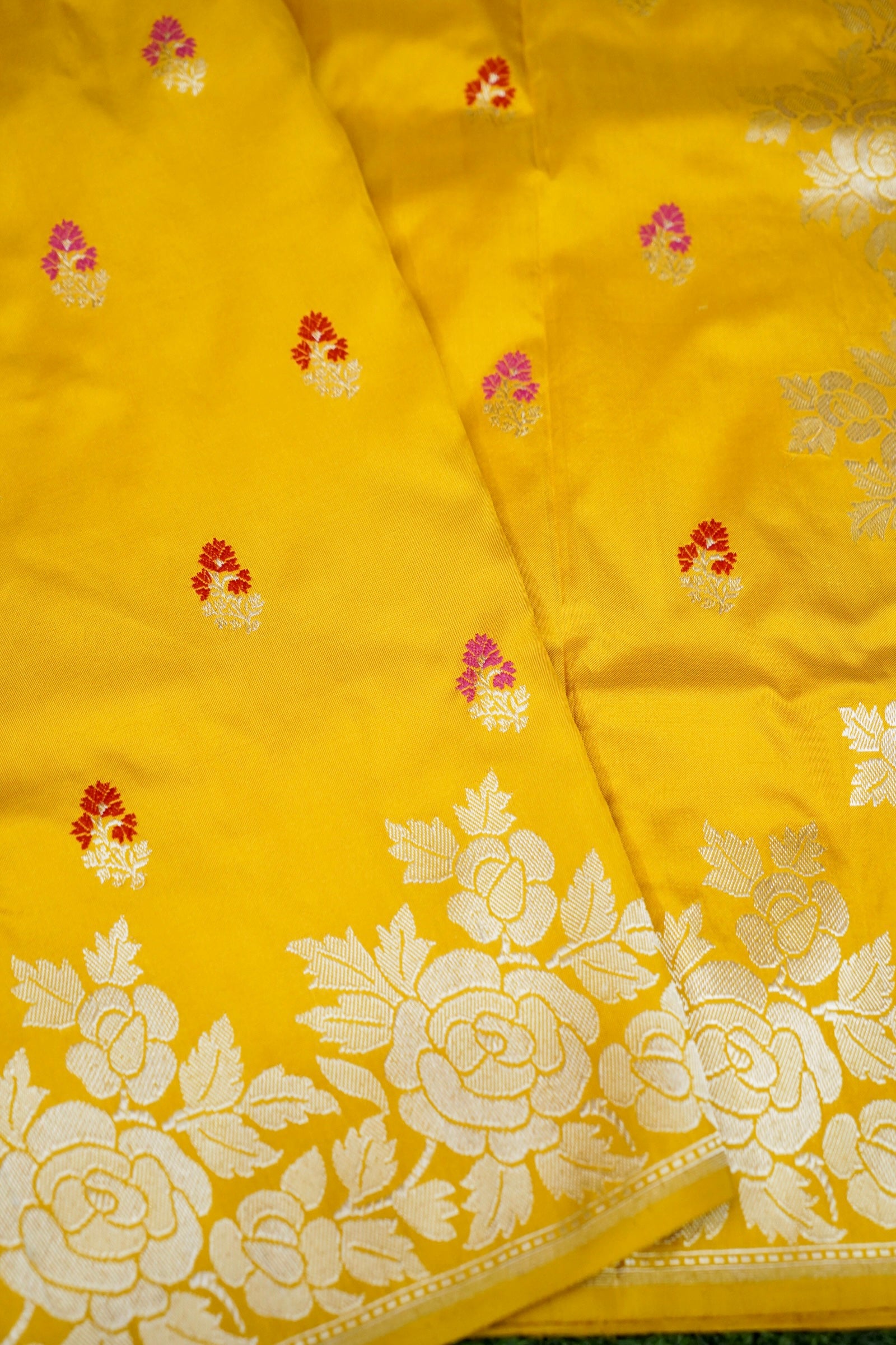Banarasi Katan Silk Ektara Malti Buti Handwoven Saree in Haldi Yellow - Khinkhwab
