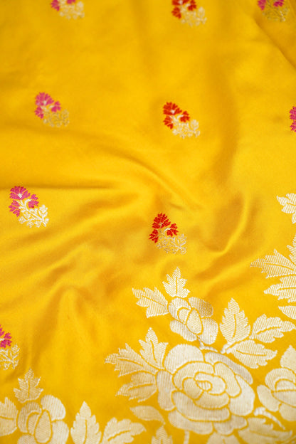 Banarasi Katan Silk Ektara Malti Buti Handwoven Saree in Haldi Yellow - Khinkhwab