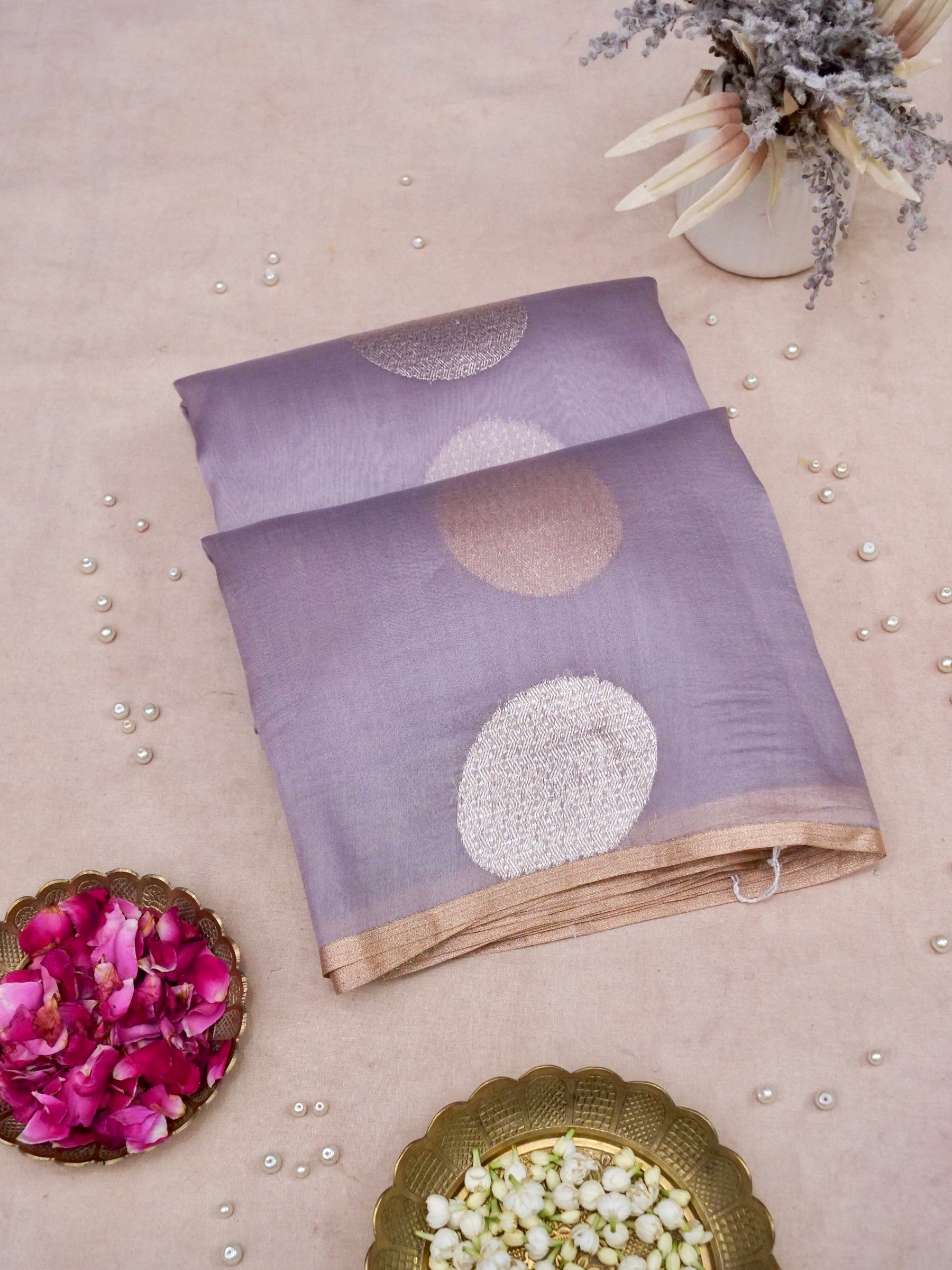 Kora silk Kadwa Banarasi saree in dusty lilac with intricate handwoven patterns, showcasing elegant traditional craftsmanship.