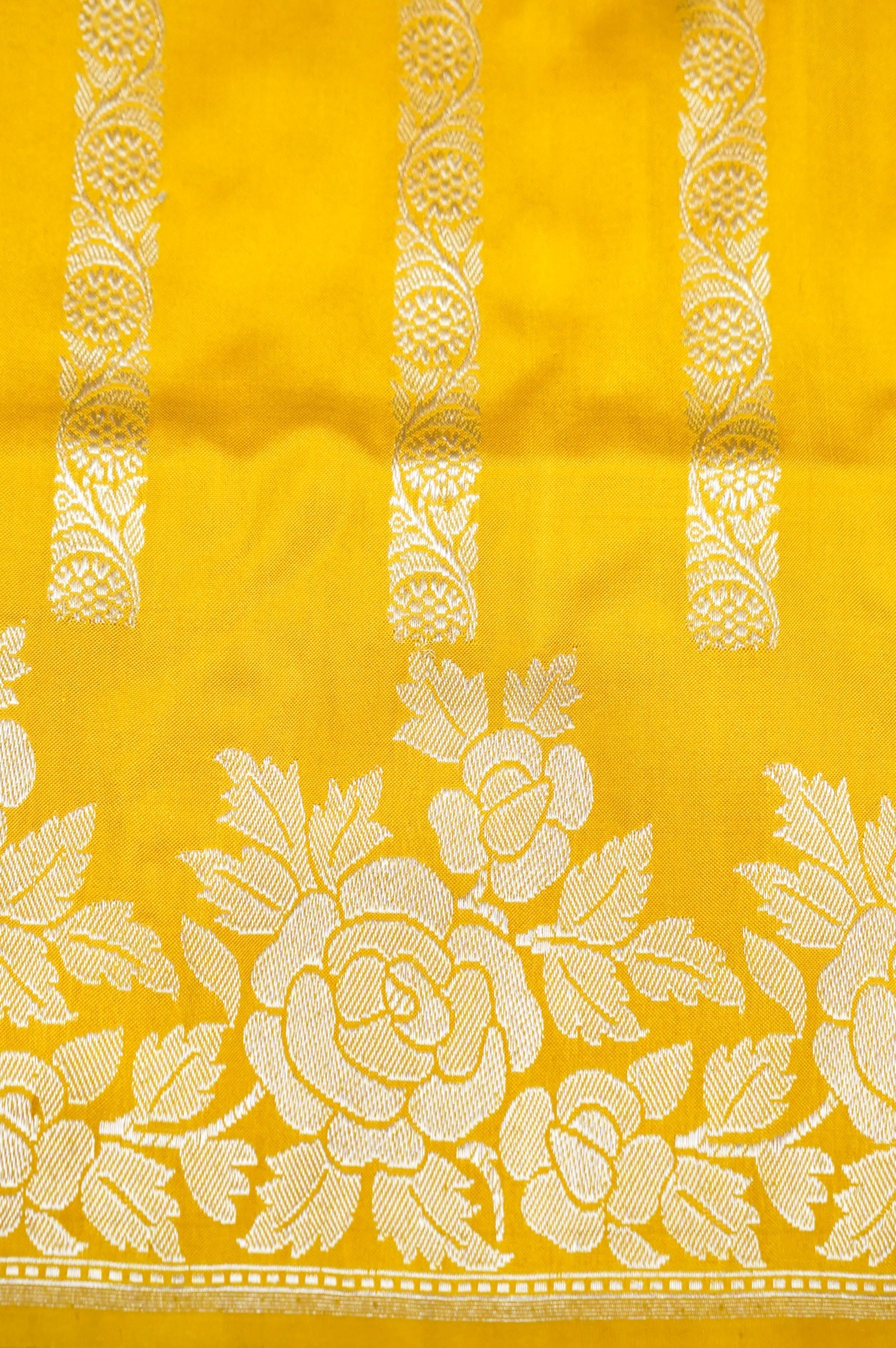 Banarasi Katan Silk Ektara Malti Buti Handwoven Saree in Haldi Yellow - Khinkhwab