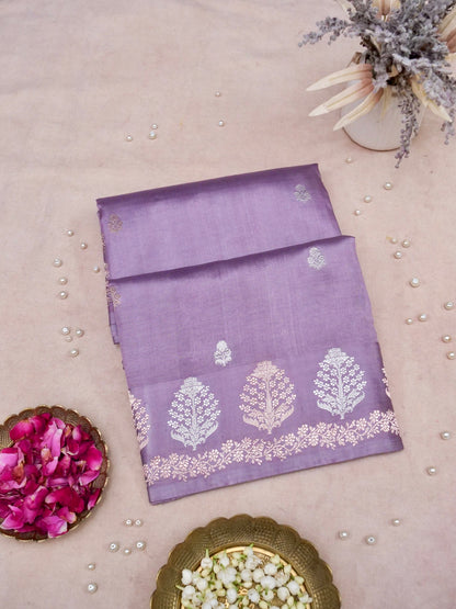 Banarasi Katan Silk Kadwa Tree Buti Handwoven Saree in Dusty Mauve - Khinkhwab