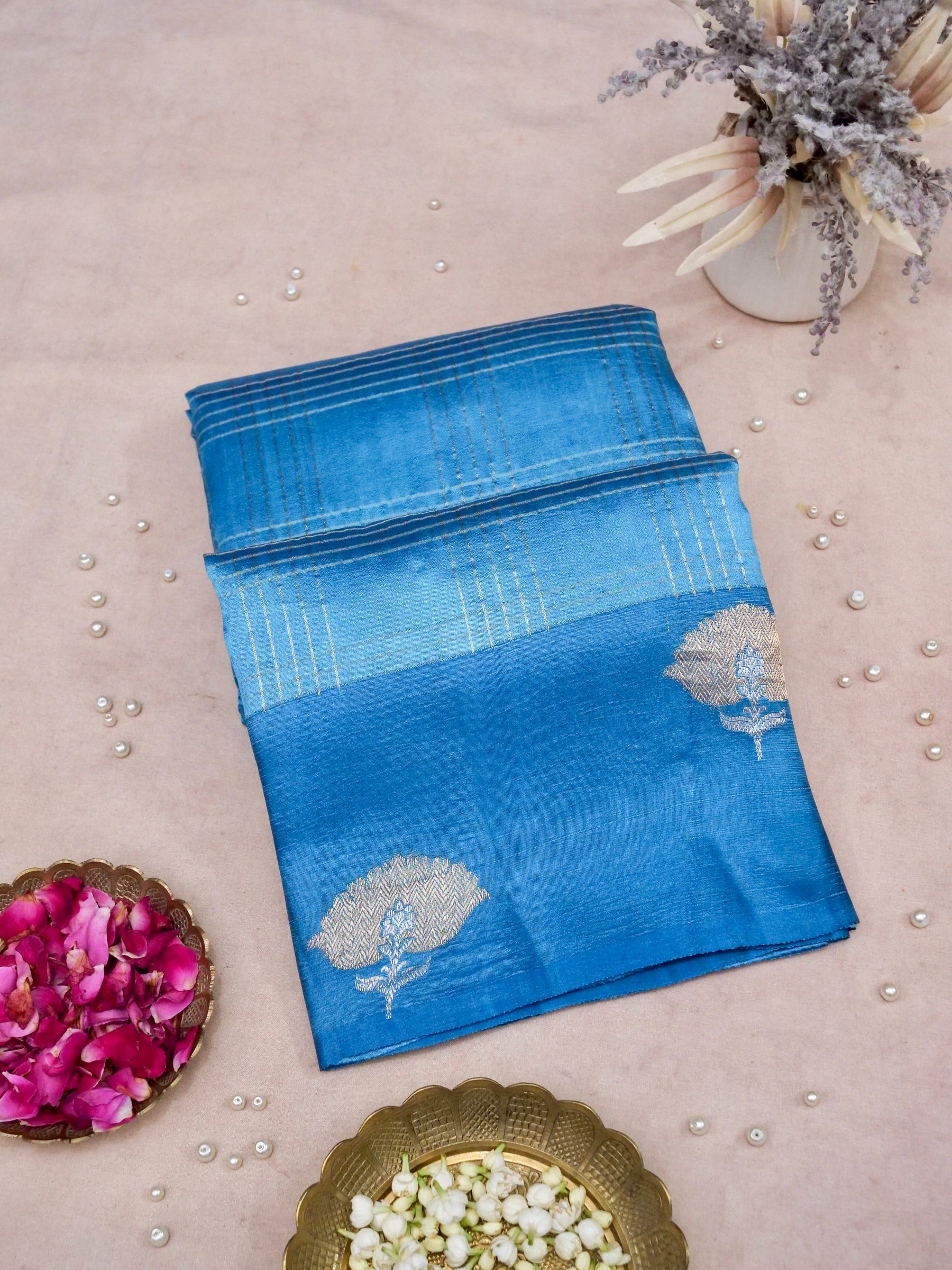 Banarasi Katan Silk Kadwa Striped Handwoven Saree in Cerulean Blue - Khinkhwab