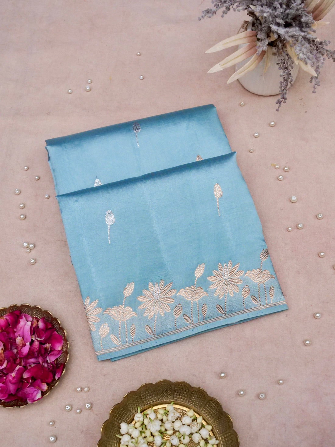 Banarasi Katan Silk Kadwa Handwoven Saree in Powder Blue - Khinkhwab