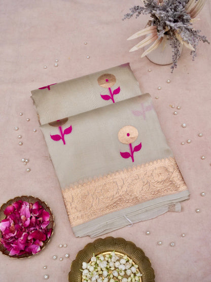 Banarasi Kora Silk Kadwa Meenakari Handwoven Saree in Ivory Cream - Khinkhwab