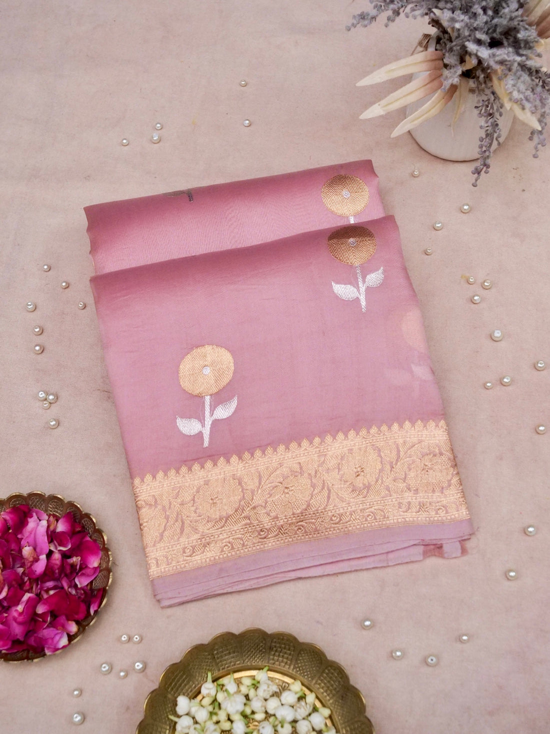 Banarasi Kora Silk Kadwa Handwoven Saree in Old Rose - Khinkhwab