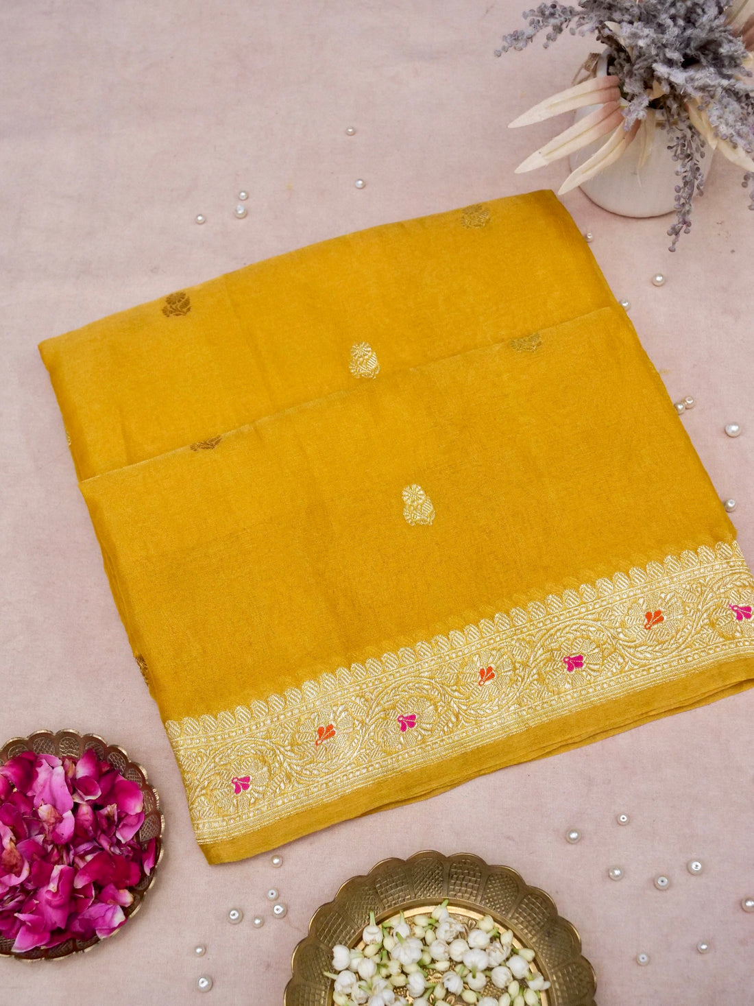 Khaddi Chiffon Tissue Kadwa Kairi Handwoven Banarasi Saree in Mustard Yellow - Khinkhwab