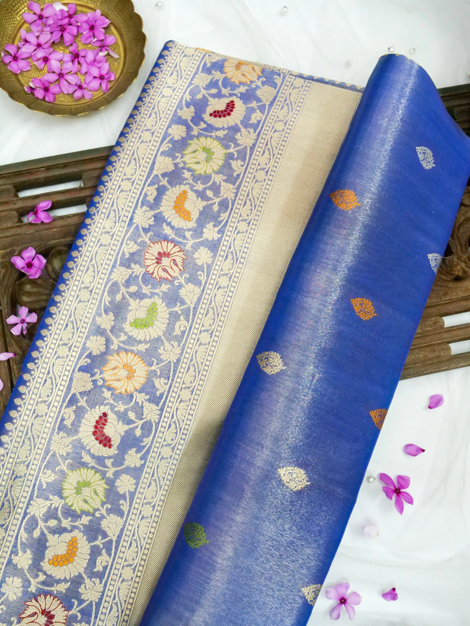 Banarasi Pure Silk Tissue Kadwa Handloom Saree in Periwinkle - Khinkhwab