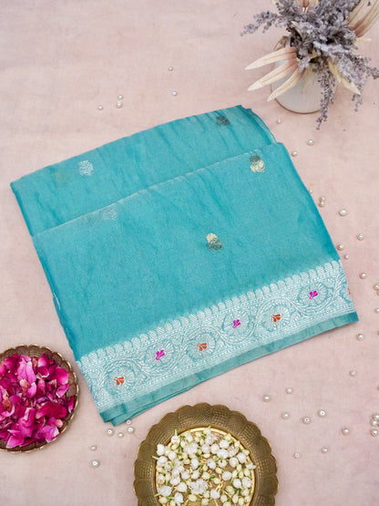 Khaddi Chiffon Tissue Kadwa Kairi Handwoven Banarasi Saree in Sky Blue - Khinkhwab
