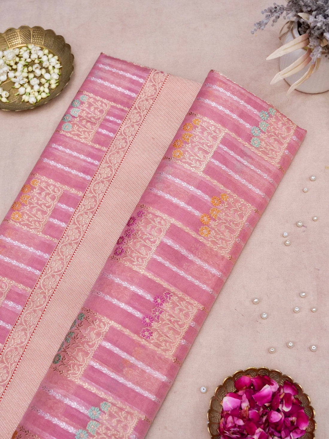 Banarasi Organza Kadwa Handwoven Saree in Dusty Pink